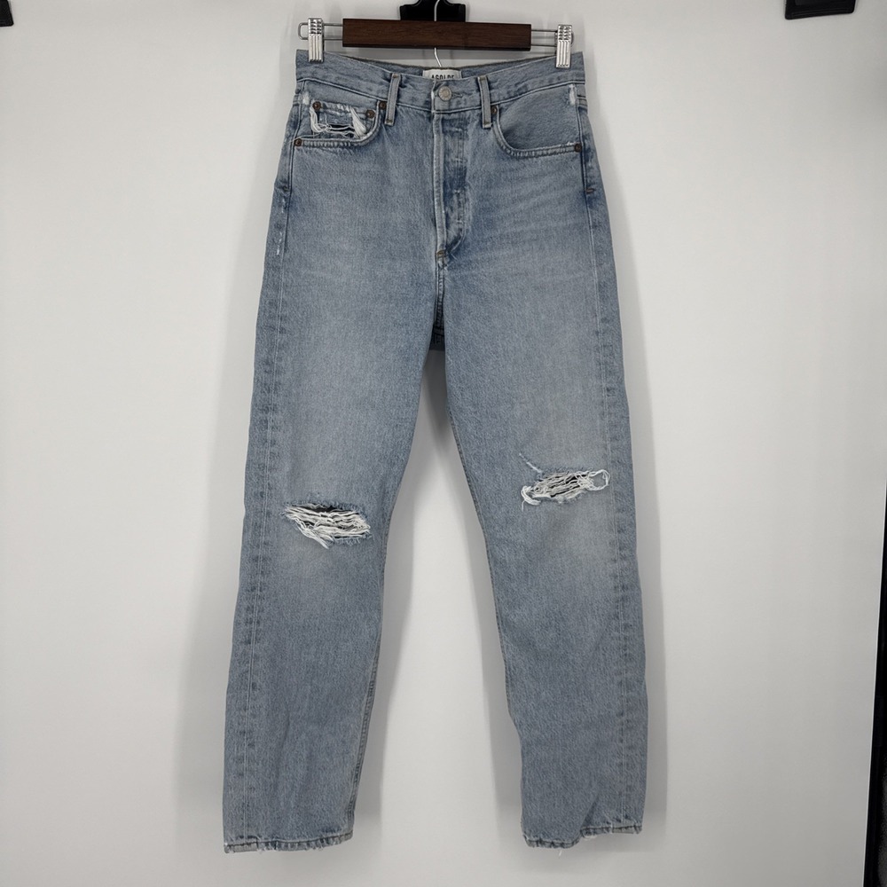 AGOLDE 90s Mid-Rise Loose Fit Jeans Women's 24 Light Blue Distressed Button Fly